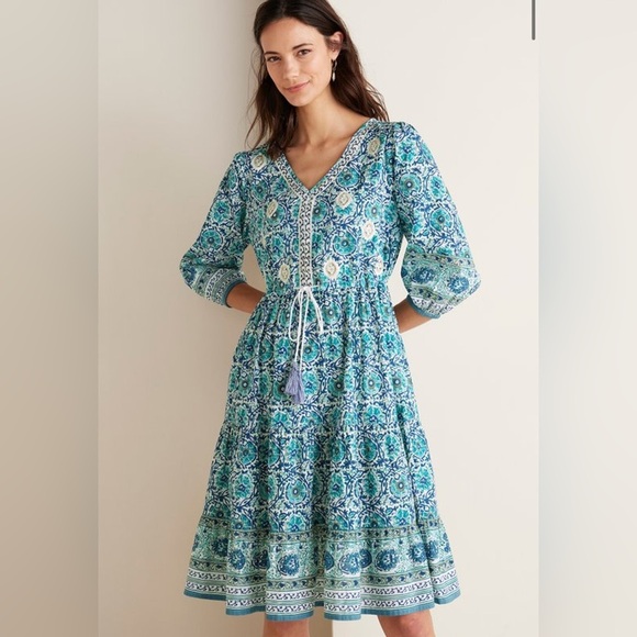 Soft Surroundings Nerisa Embroidered Printed Dress | Blue Batik Style | Size M - Picture 1 of 16